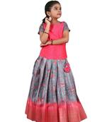  Girls Kalamkari Temple Grey Pattu Pavadai | Langa