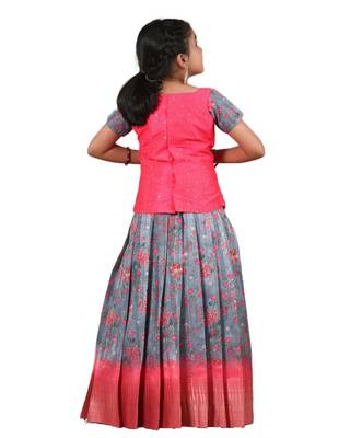  Girls Kalamkari Temple Grey Pattu Pavadai | Langa 2