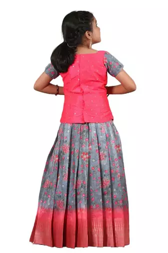  Girls Kalamkari Temple Grey Pattu Pavadai | Langa