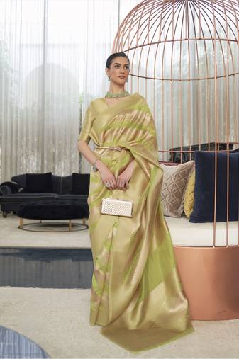 Kimisha women's mehendi organza woven saree with unstitched blouse piece