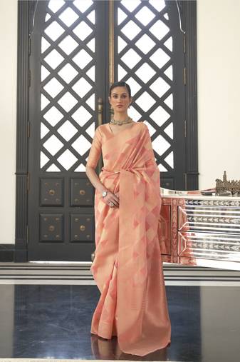Kimisha women's peach organza woven saree with unstitched blouse piece