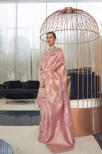 Kimisha women's pink organza woven saree with unstitched blouse piece