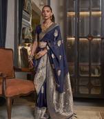 Navy blue color handloom khadi georgette tradtional saree