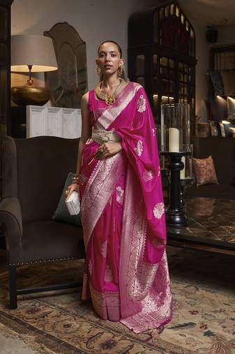 Rani pink color handloom khadi georgette tradtional saree