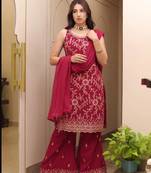 RANI PINK COLOR DESIGNER PALAZZO SALWAR SUIT IN FAUX GEORGETTE FABRIC WITH EMBROIDERY WORK AS SEMI STITCHED