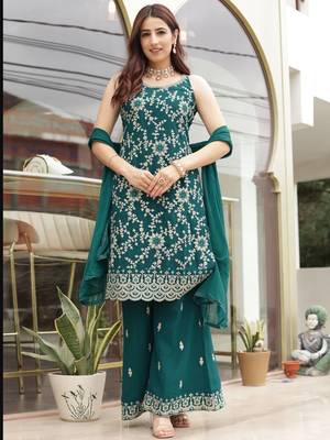 RAMA GREEN COLOR PALAZZO SALWAR SUIT IN FAUX GEORGETTE FABRIC WITH EMBROIDERY WORK AS 1