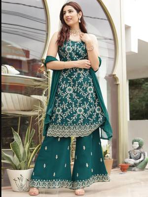 RAMA GREEN COLOR PALAZZO SALWAR SUIT IN FAUX GEORGETTE FABRIC WITH EMBROIDERY WORK AS 4