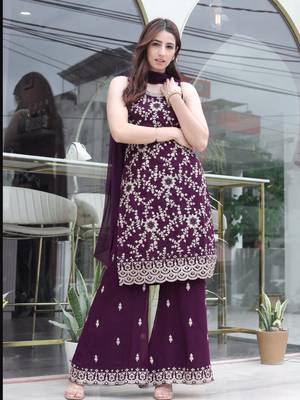 WINE COLOR DESIGNER PALAZZO SALWAR SUIT IN FAUX GEORGETTE FABRIC WITH EMBROIDERY WORK AS SEMI STITCHED 1