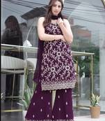 WINE COLOR DESIGNER PALAZZO SALWAR SUIT IN FAUX GEORGETTE FABRIC WITH EMBROIDERY WORK AS SEMI STITCHED