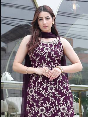 WINE COLOR DESIGNER PALAZZO SALWAR SUIT IN FAUX GEORGETTE FABRIC WITH EMBROIDERY WORK AS SEMI STITCHED 2