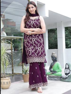 WINE COLOR DESIGNER PALAZZO SALWAR SUIT IN FAUX GEORGETTE FABRIC WITH EMBROIDERY WORK AS SEMI STITCHED 4