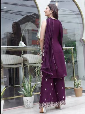 WINE COLOR DESIGNER PALAZZO SALWAR SUIT IN FAUX GEORGETTE FABRIC WITH EMBROIDERY WORK AS SEMI STITCHED 5