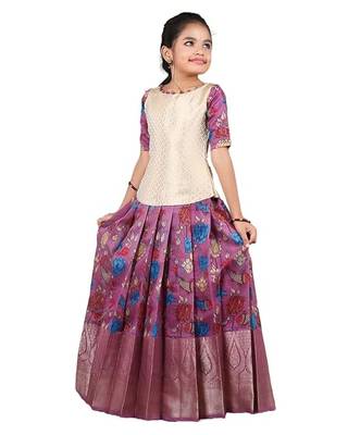  Girls Lavender Kalamkari Fish Pattu Pavadai !!! 1