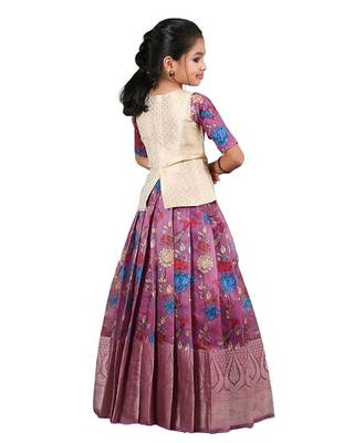  Girls Lavender Kalamkari Fish Pattu Pavadai !!! 2