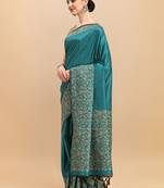 Teal woven border banglori raw silk designer saree with blouse