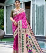 Pink zari woven paithani patola silk traditional saree with blouse