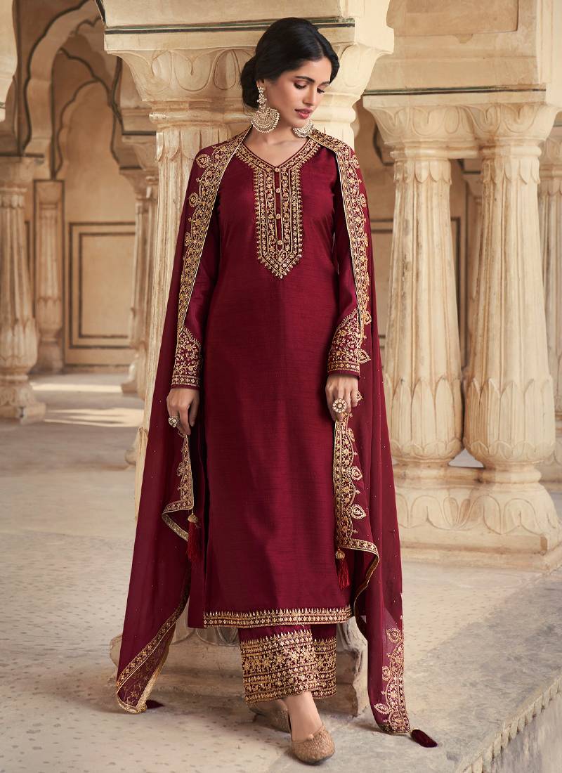 Traditional Maroon Silk Straight Suit For Women Traditional Wear