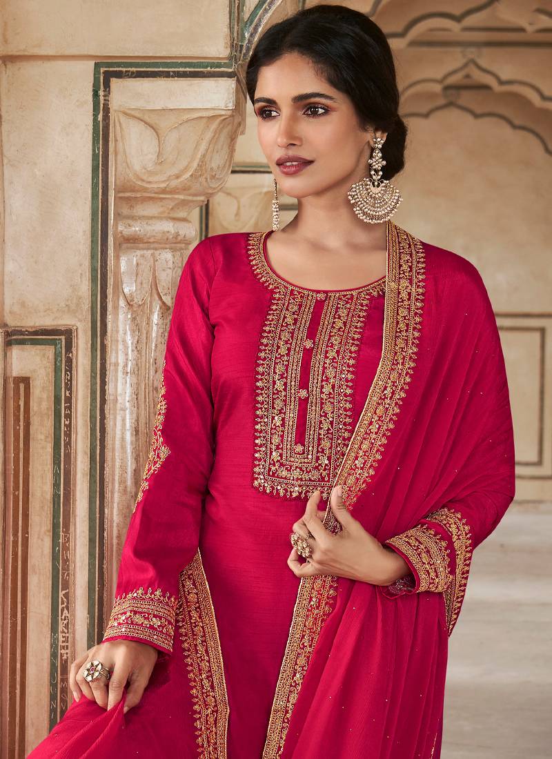Traditional Rani Pink Silk Straight Suit For Women Traditional Wear