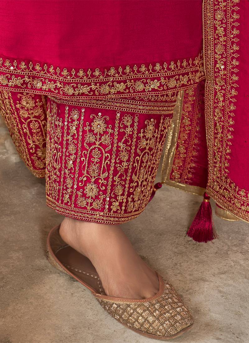 Traditional Rani Pink Silk Straight Suit For Women Traditional Wear