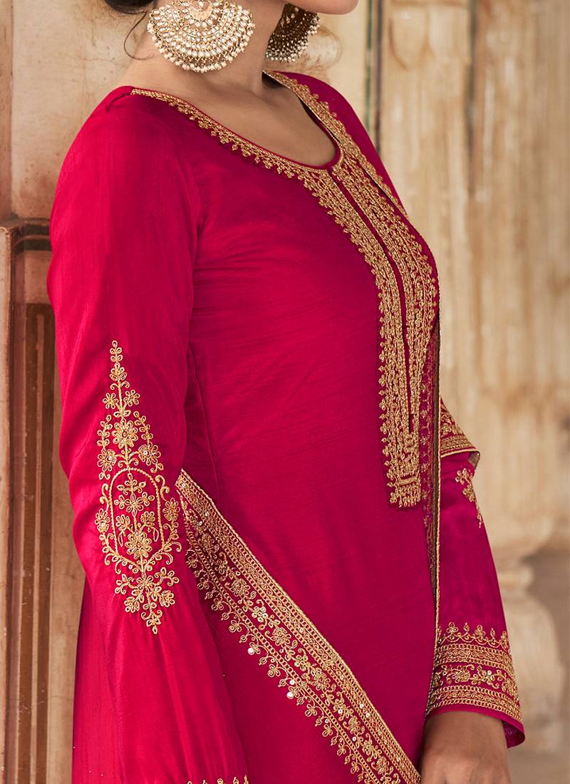 Traditional Rani Pink Silk Straight Suit For Women Traditional Wear