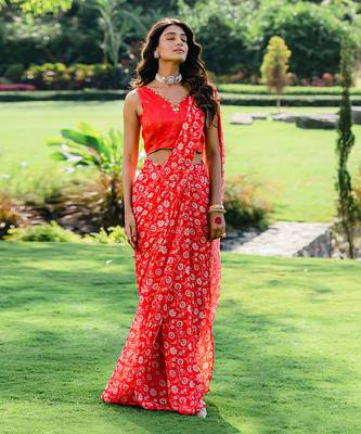 Cherry Red Floral Printed Pre Stitched Saree Set 1