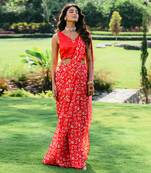 Cherry Red Floral Printed Pre Stitched Saree Set