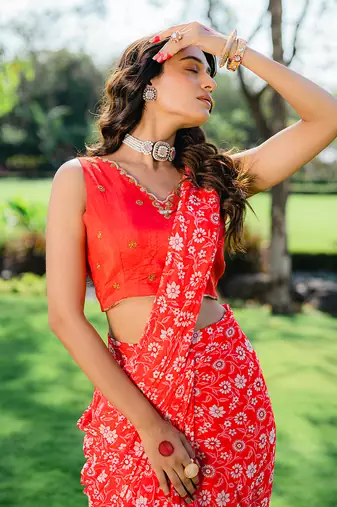Cherry Red Floral Printed Pre Stitched Saree Set