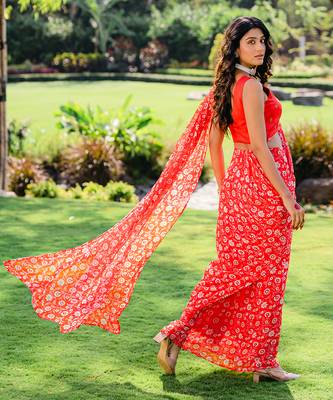 Cherry Red Floral Printed Pre Stitched Saree Set 3