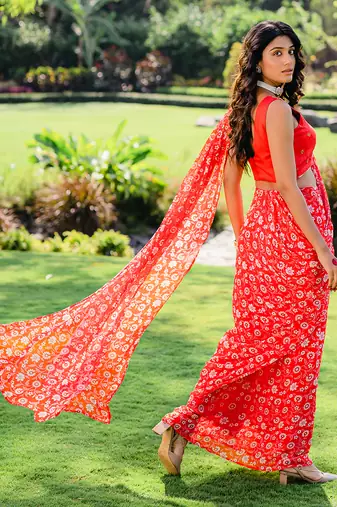 Cherry Red Floral Printed Pre Stitched Saree Set