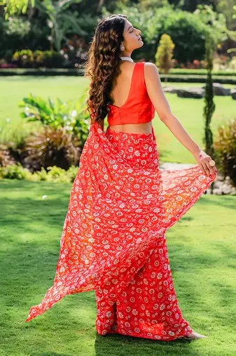 Cherry Red Floral Printed Pre Stitched Saree Set