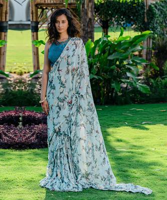 Powder Blue Printed & Embroidered Drape Saree Set 1