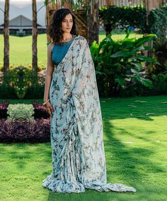 Powder Blue Printed & Embroidered Drape Saree Set 2