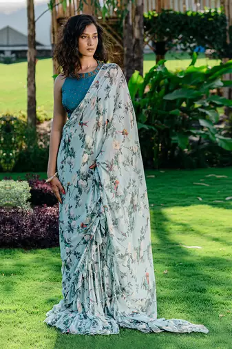 Powder Blue Printed & Embroidered Drape Saree Set