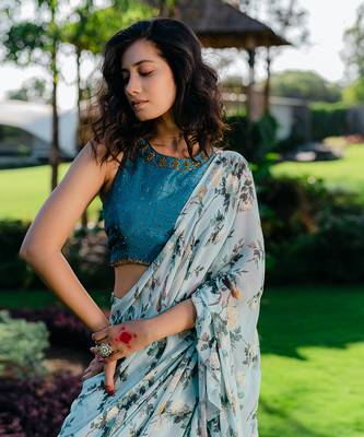 Powder Blue Printed & Embroidered Drape Saree Set 3