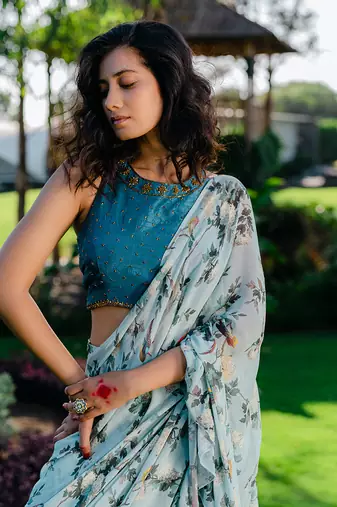 Powder Blue Printed & Embroidered Drape Saree Set