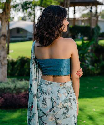 Powder Blue Printed & Embroidered Drape Saree Set 4