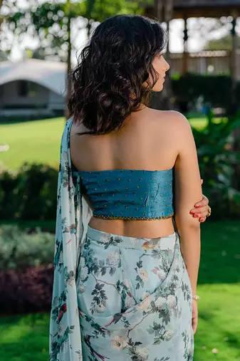 Powder Blue Printed & Embroidered Drape Saree Set