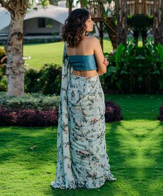 Powder Blue Printed & Embroidered Drape Saree Set 5