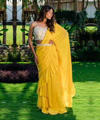Yellow Embroidered Drape Saree Set 1