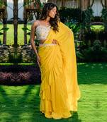 Yellow Embroidered Drape Saree Set