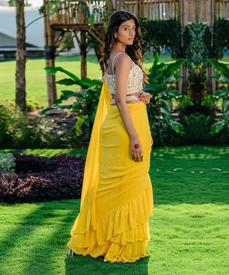Yellow Embroidered Drape Saree Set 2