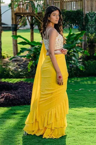 Yellow Embroidered Drape Saree Set