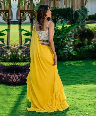 Yellow Embroidered Drape Saree Set 3