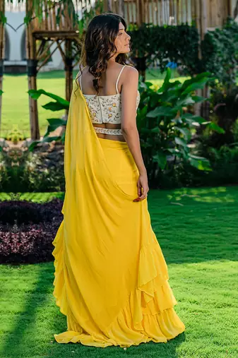 Yellow Embroidered Drape Saree Set