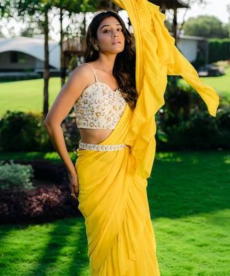 Yellow Embroidered Drape Saree Set 4