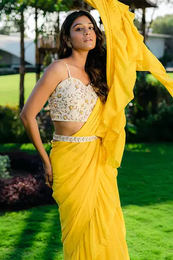 Yellow Embroidered Drape Saree Set