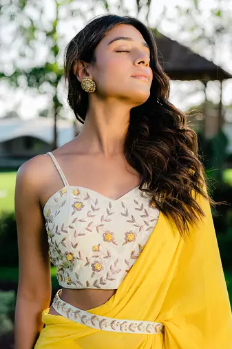 Yellow Embroidered Drape Saree Set