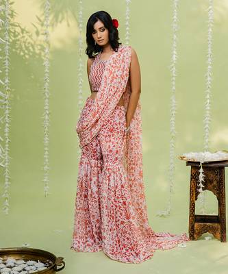 Reddish Orange Embroidered Sharara Saree Set 1