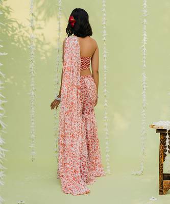 Reddish Orange Embroidered Sharara Saree Set 3