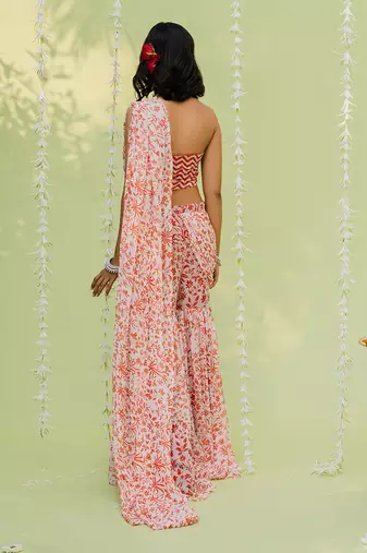 Reddish Orange Embroidered Sharara Saree Set